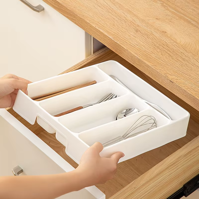 Organisateur de tiroir de cuisine, boîte de rangement à diviseur réglable pour ustensiles, couverts, couteau, fourchette cuillère baguettes armoire plateau intégré