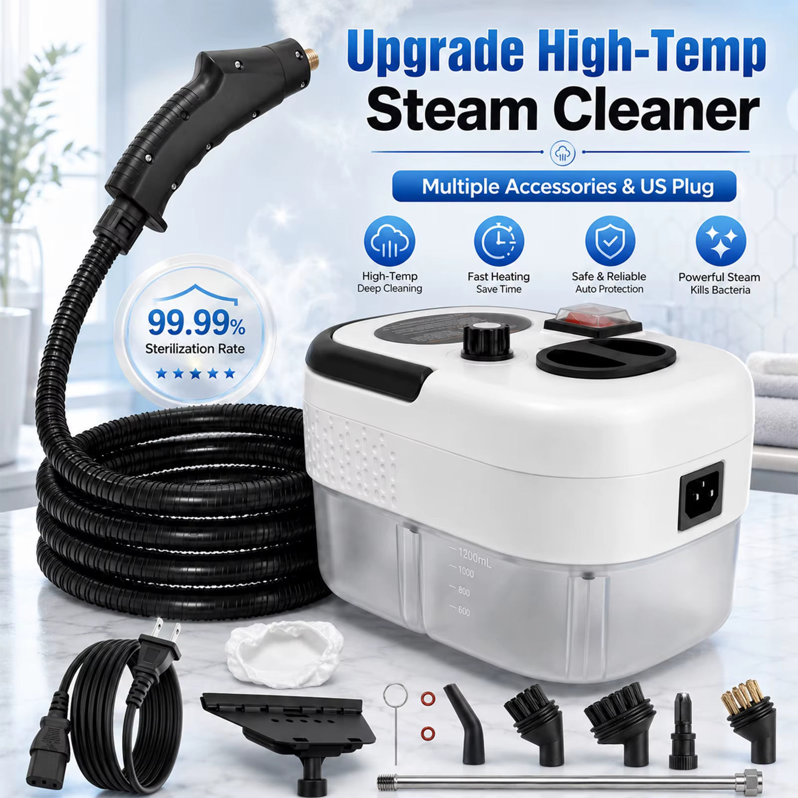 Nettoyeur vapeur haute température EU-2500W 110V, machine de nettoyage vapeur portable avec plusieurs accessoires, prise US