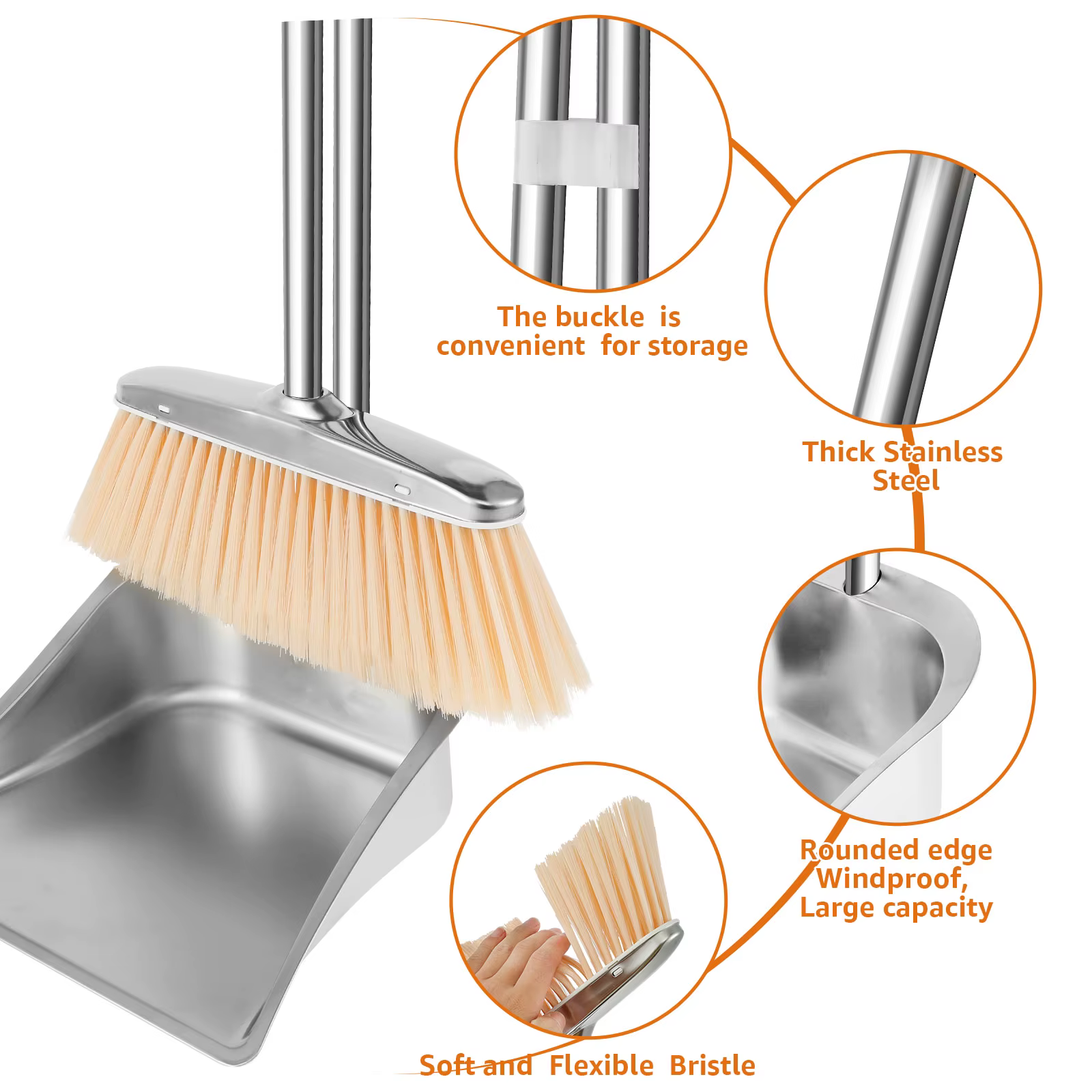 Ensemble balai et pelle à poussière en acier inoxydable