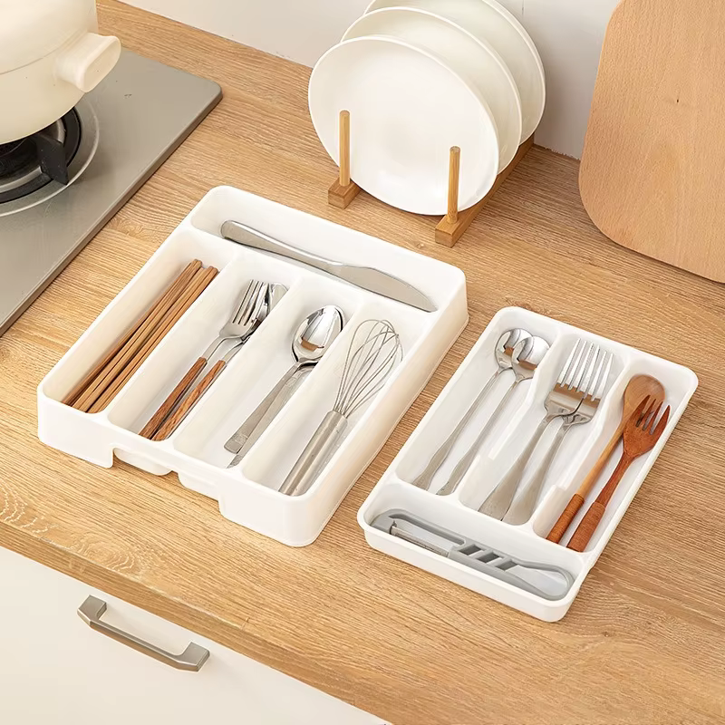 Organisateur de tiroir de cuisine, boîte de rangement à diviseur réglable pour ustensiles, couverts, couteau, fourchette cuillère baguettes armoire plateau intégré