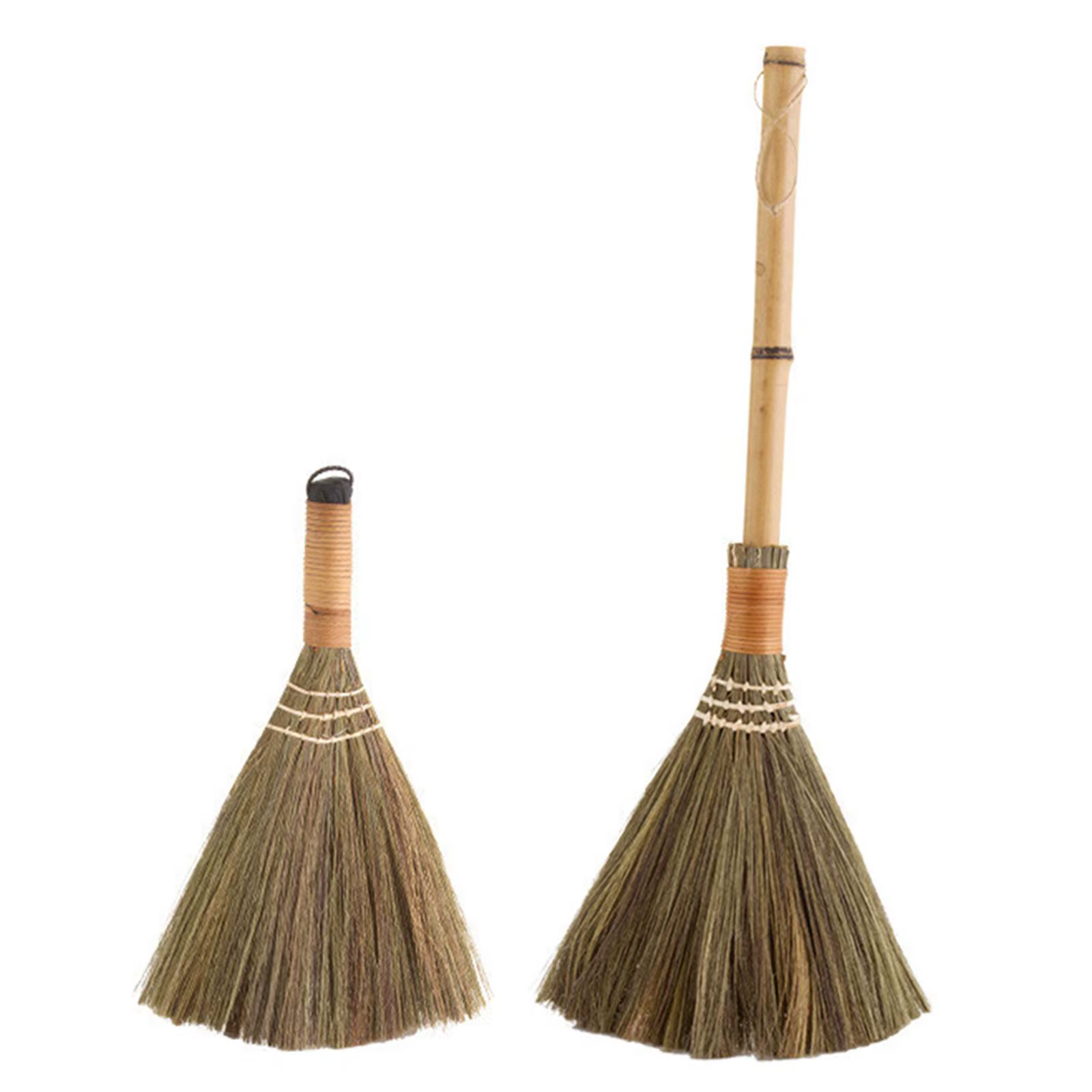 Brosse de nettoyage compacte décorative en bambou et paille, balai traditionnel doux pour intérieur et extérieur