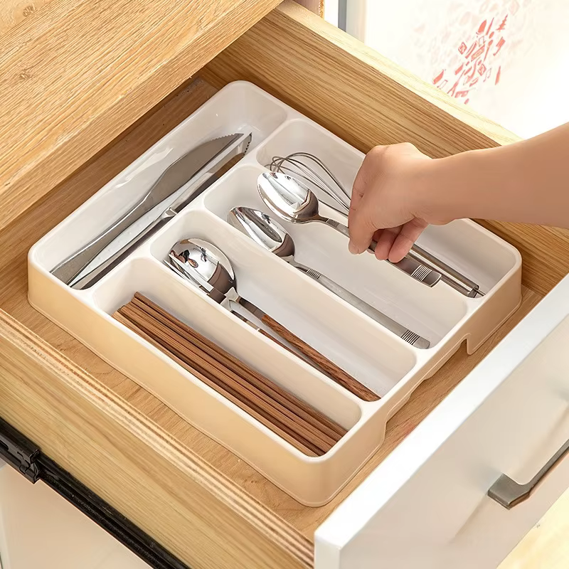 Organisateur de tiroir de cuisine, boîte de rangement à diviseur réglable pour ustensiles, couverts, couteau, fourchette cuillère baguettes armoire plateau intégré