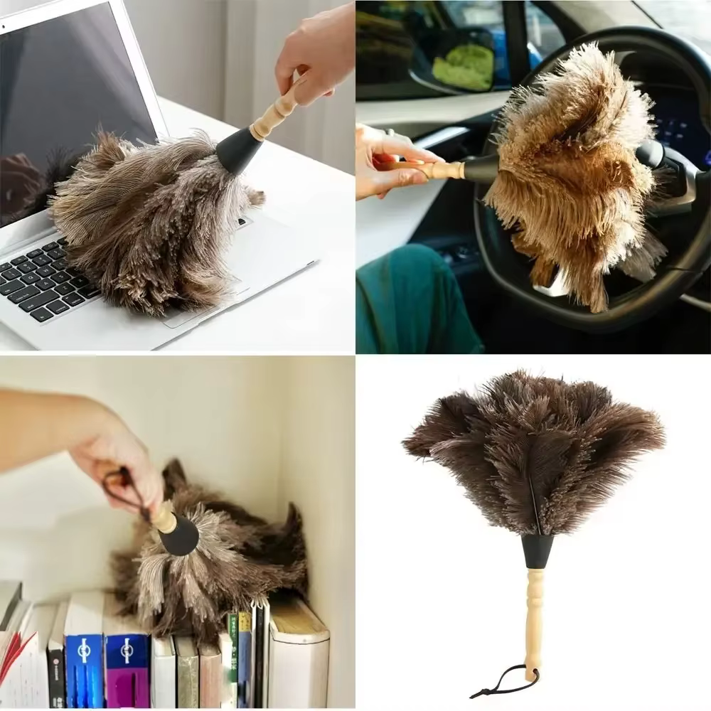 Plumeau à manche en bois, anti-statique, pour le dépoussiérage, plumeau en plumes d'autruche, brosse en fourrure pour le nettoyage de la maison
