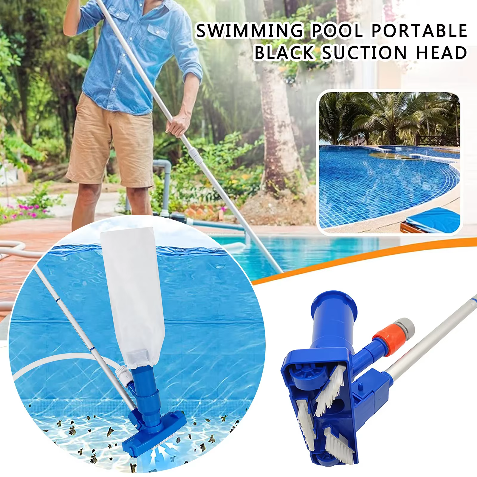 Kit de nettoyage de bassin portable professionnel avec brosse, poignée, tête d'aspiration désinfectante et filet filtrant pour piscine