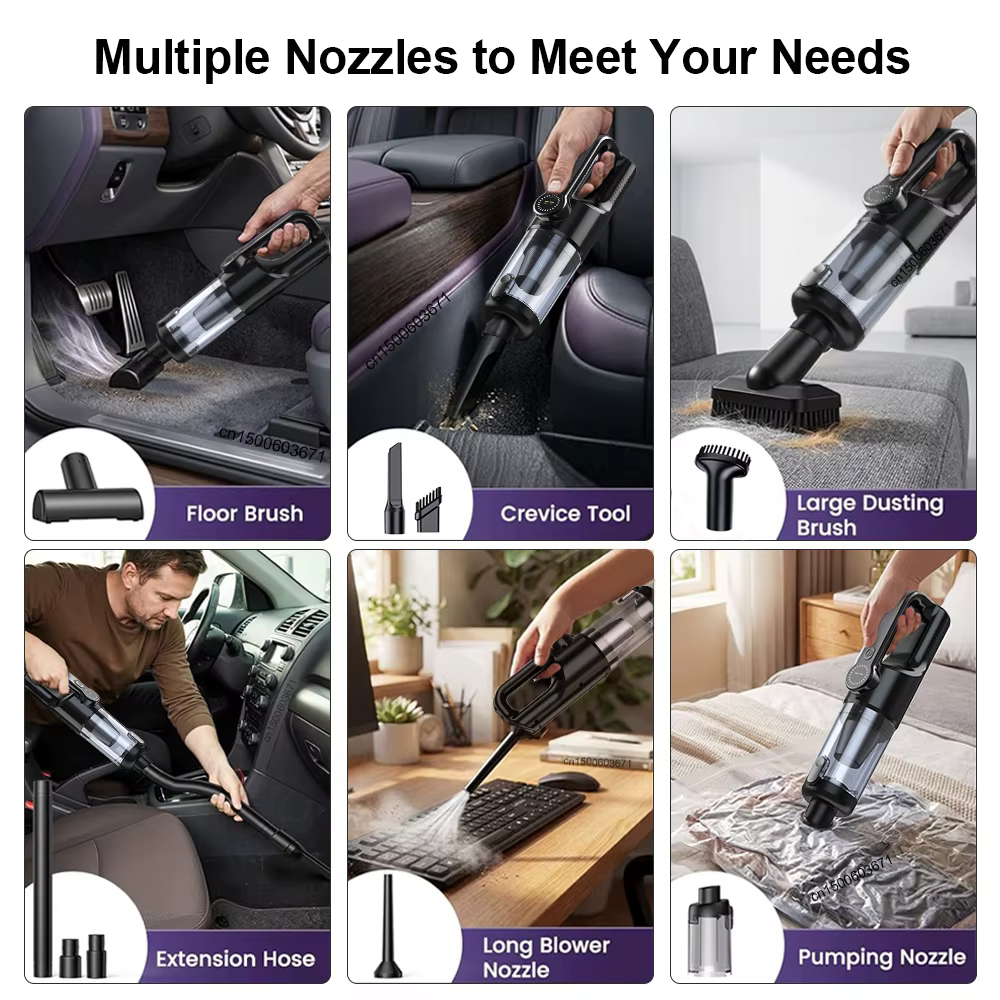 Aspirateur multifonction sans fil pour voiture, maison, poils d'animaux, dépoussiérage, 6 brosses