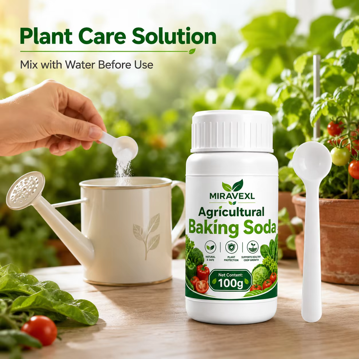 MIRAVEXL Bicarbonate de soude agricole 100g – Poudre dilutable dans l'eau pour l'entretien des plantes