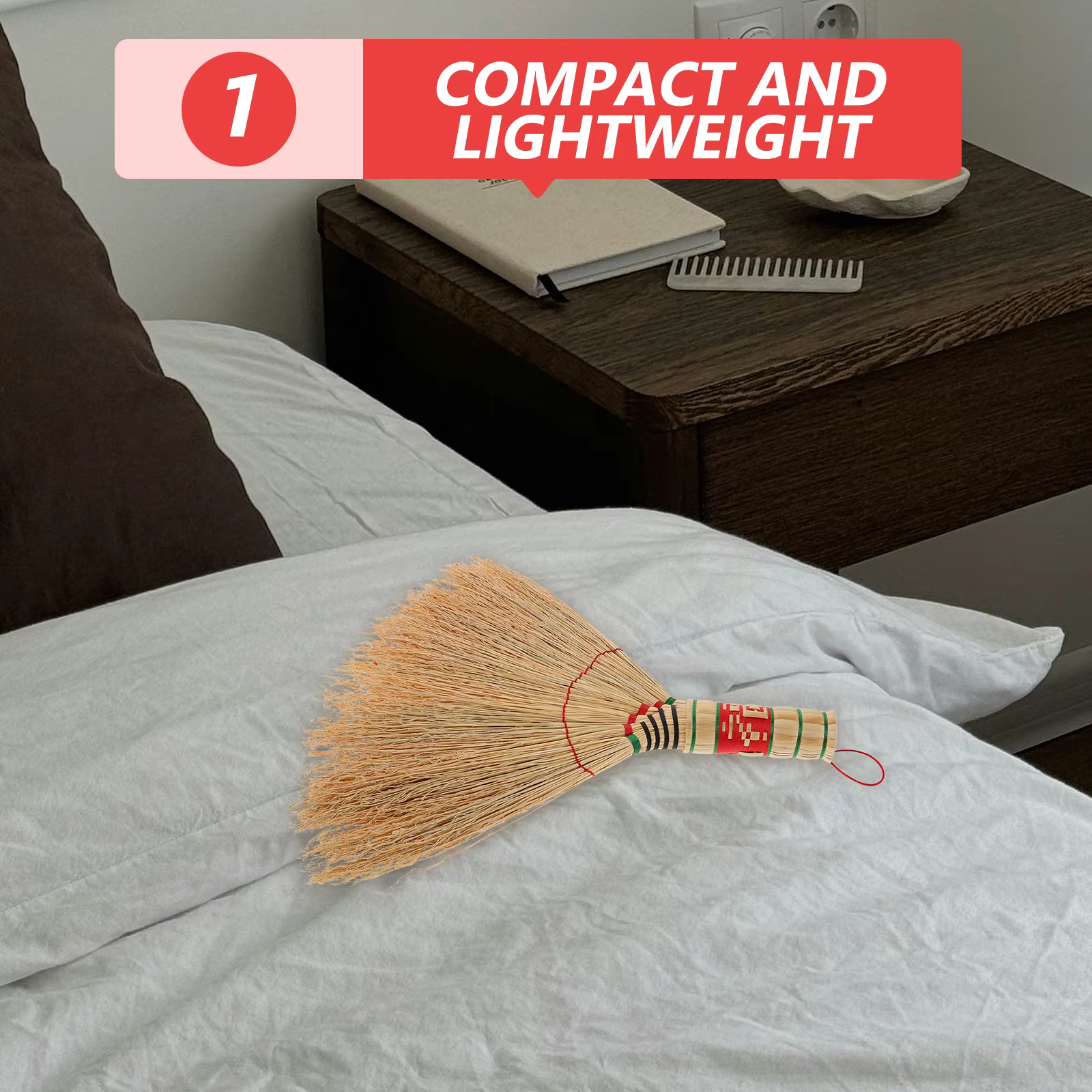 Petite brosse à main artisanale en paille souple tressée pour le nettoyage intérieur des bureaux, lits et canapés, fouet portable pour la maison.