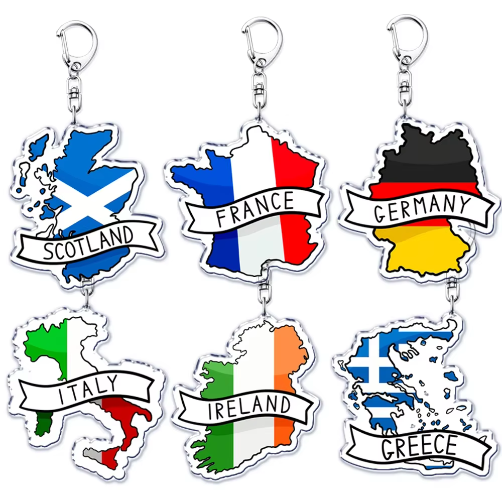 France ecosse pays cartes avec nom acrylique porte-clés porte-clés pour accessoires sac pendentif porte-clés anneau bijoux ami cadeaux
