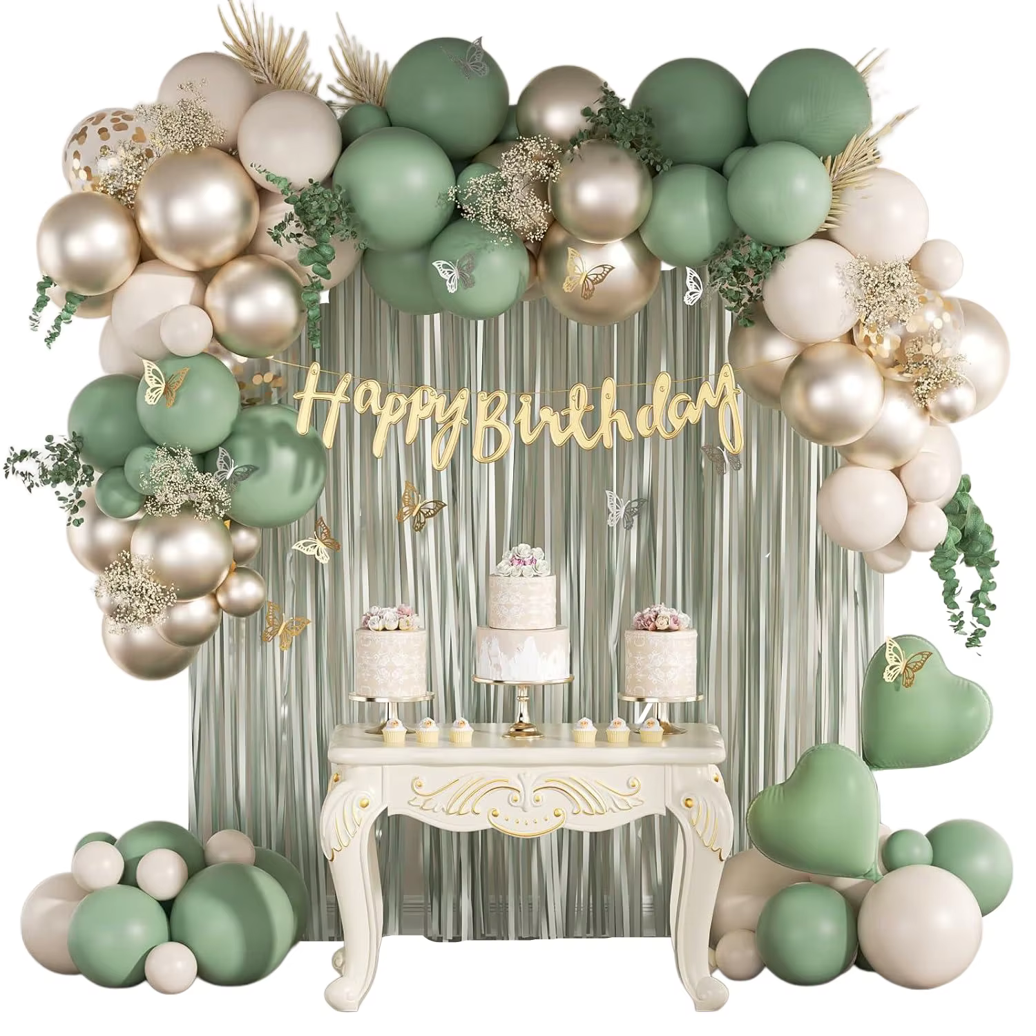  Kit de décorations d'anniversaire vert sauge : bannière joyeux anniversaire, rideaux à franges, décoration murale papillon et ensemble de ballons en aluminium pour femmes