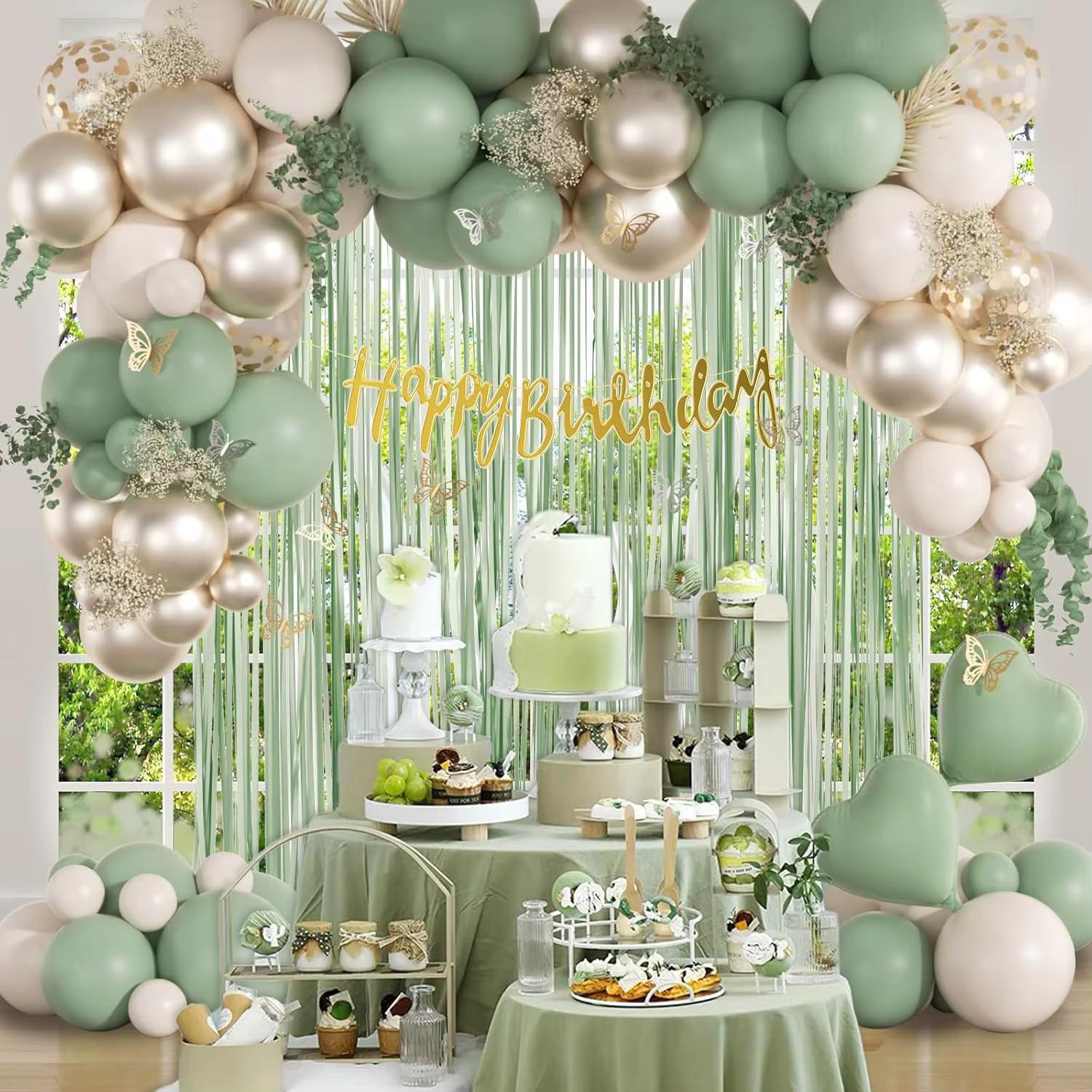  Kit de décorations d'anniversaire vert sauge : bannière joyeux anniversaire, rideaux à franges, décoration murale papillon et ensemble de ballons en aluminium pour femmes