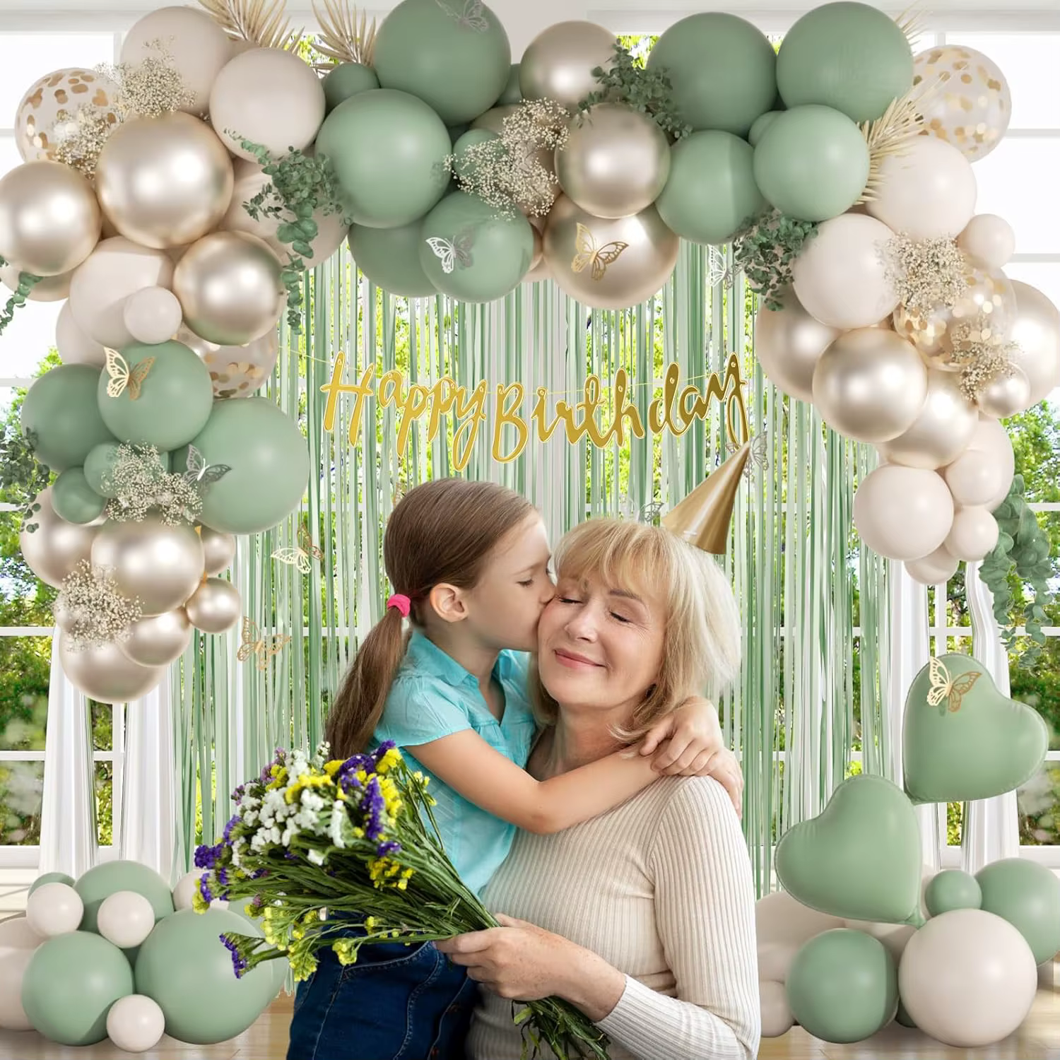  Kit de décorations d'anniversaire vert sauge : bannière joyeux anniversaire, rideaux à franges, décoration murale papillon et ensemble de ballons en aluminium pour femmes