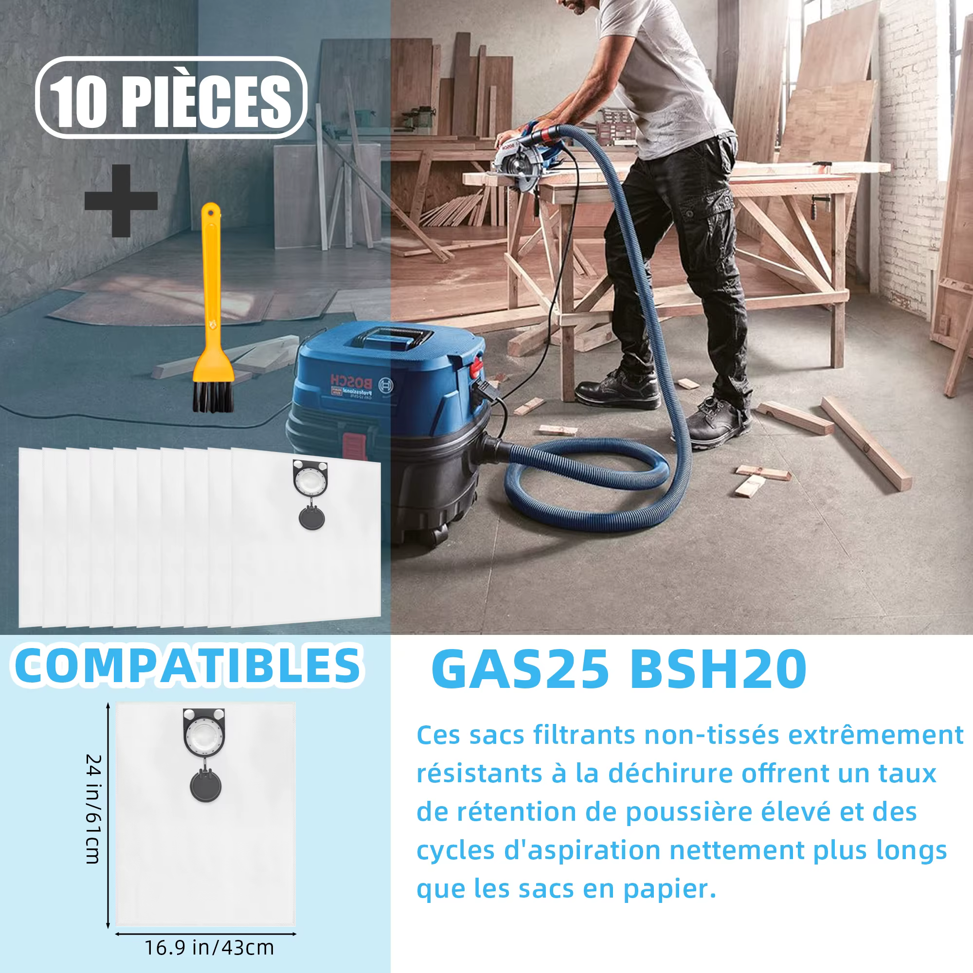 Sac 6/10 pièces + 1 sacs d'aspirateur à brosse compatibles avec Bosch GAS 25