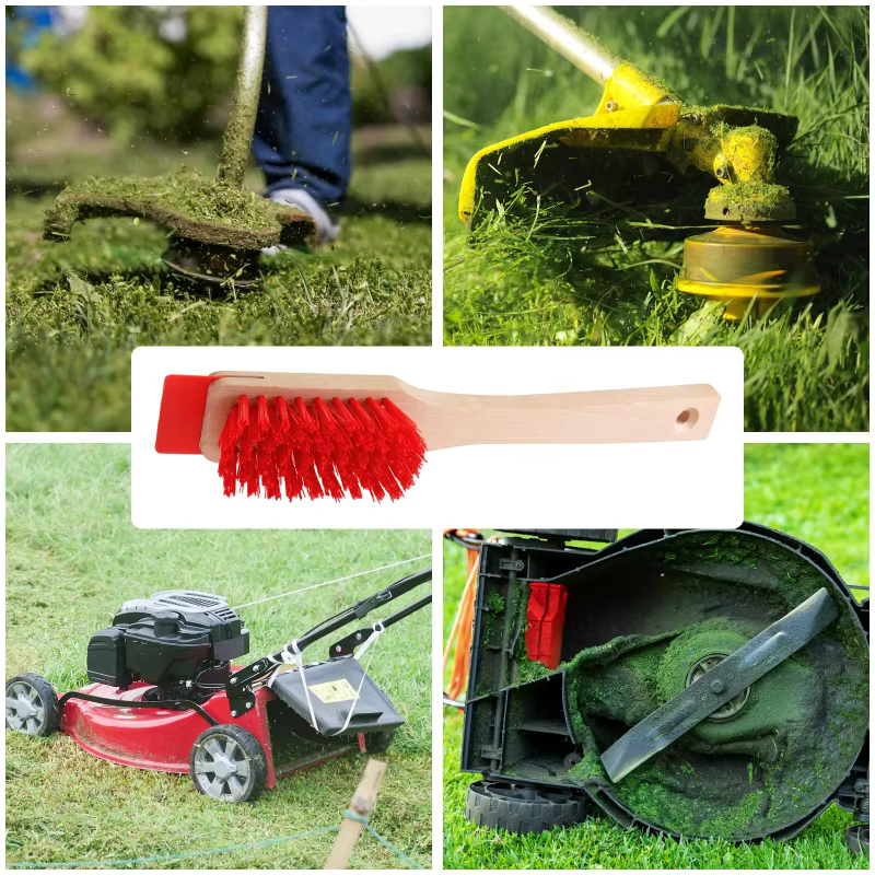 Brosse de nettoyage ergonomique robuste pour tondeuse à gazon avec poils rigides et manche en bois – Grattoir efficace pour l'entretien du jardin