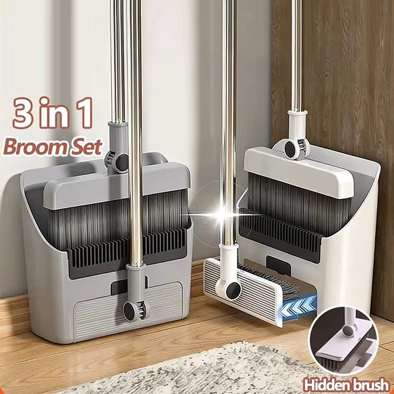 Nettoyage domestique simplifié avec un ensemble brosse à plancher et pelle à poussière 3 en 1 à long manche
