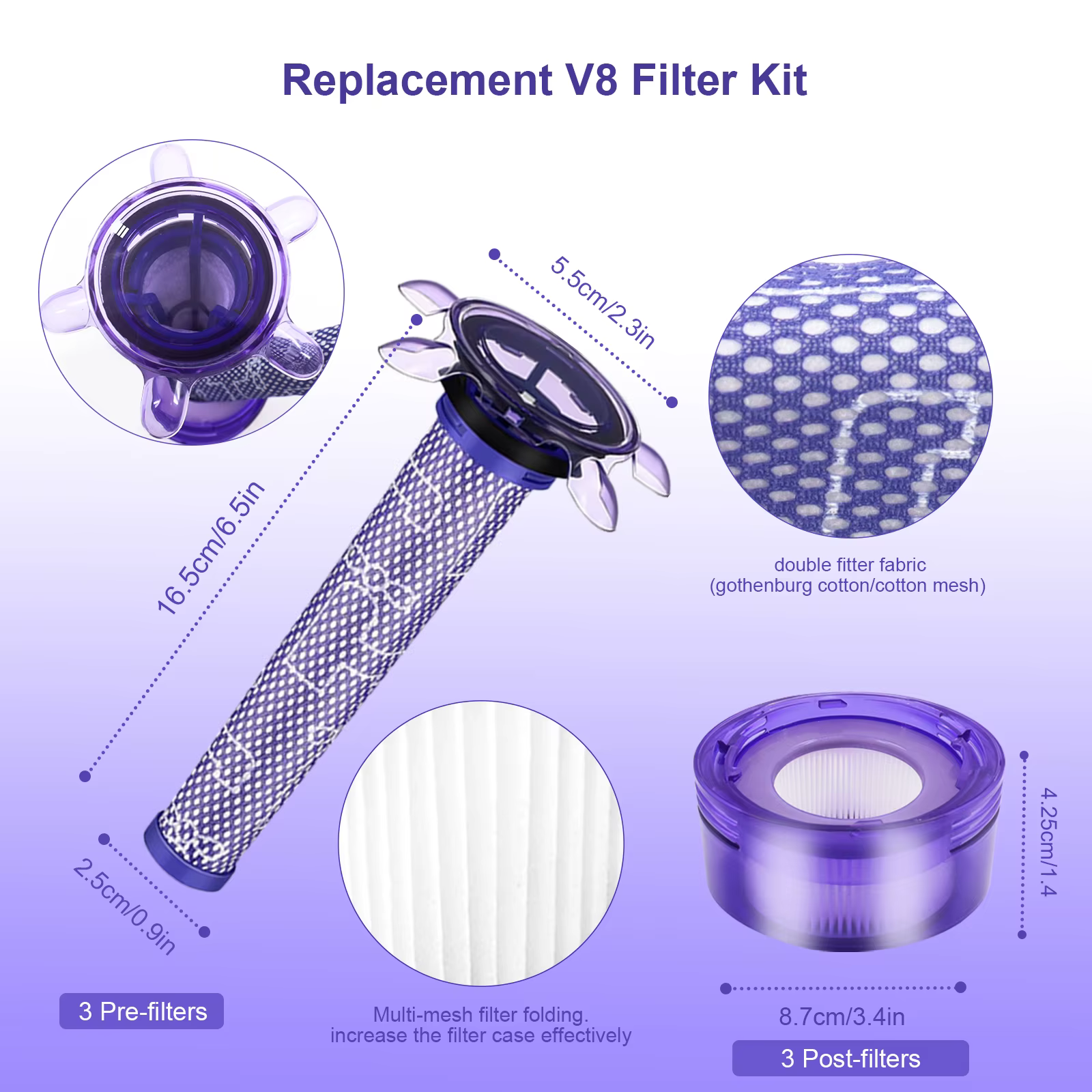 3 pré-filtres + 3 post-filtres HEPA + 1 brosse pour aspirateur Dyson V8 V7