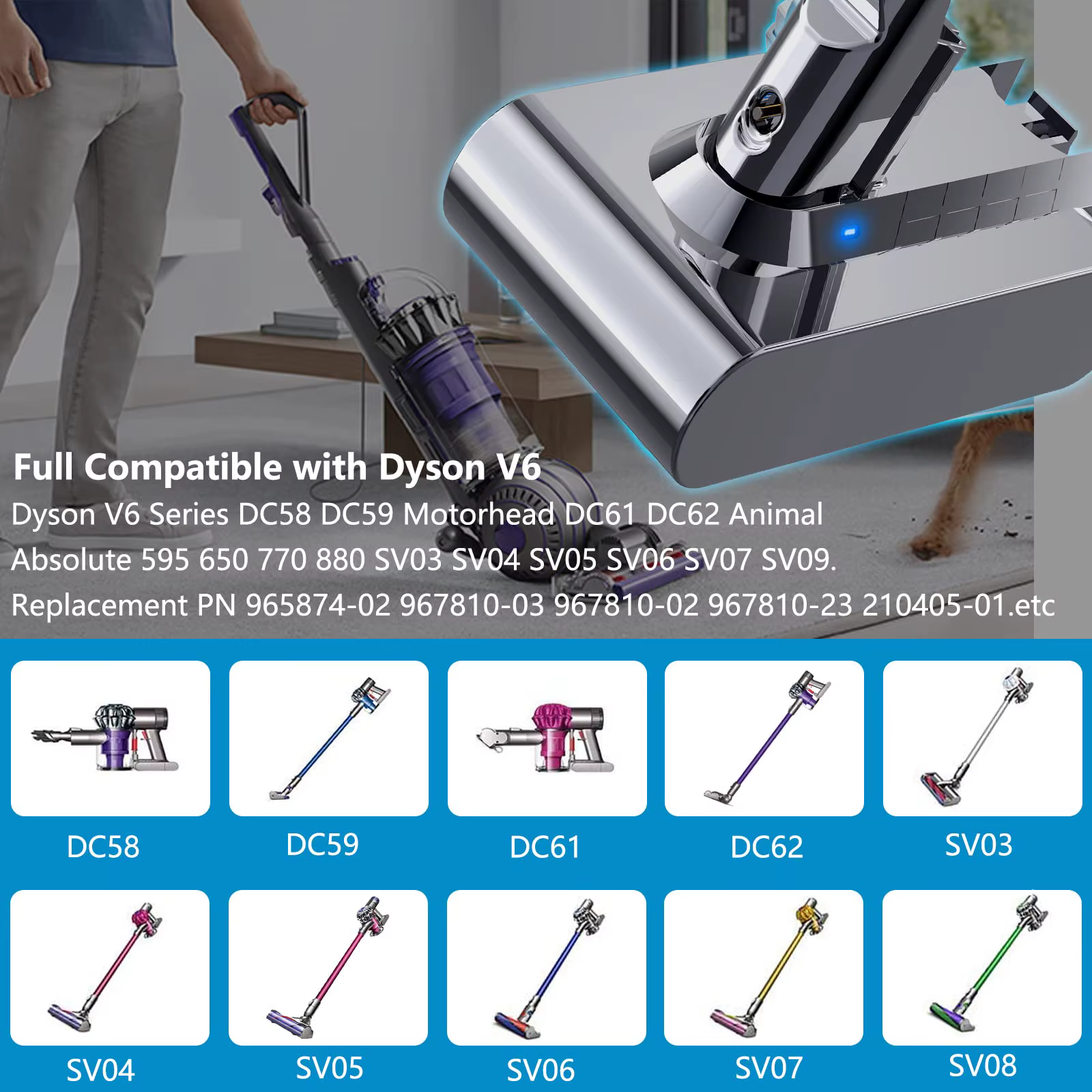 Batterie V6 pour aspirateur Dyson, 21.6v 9800mah, Dc58,dc59,dc62,650,770,880,sv03,sv04,sv05,sv06,sv07,sv09