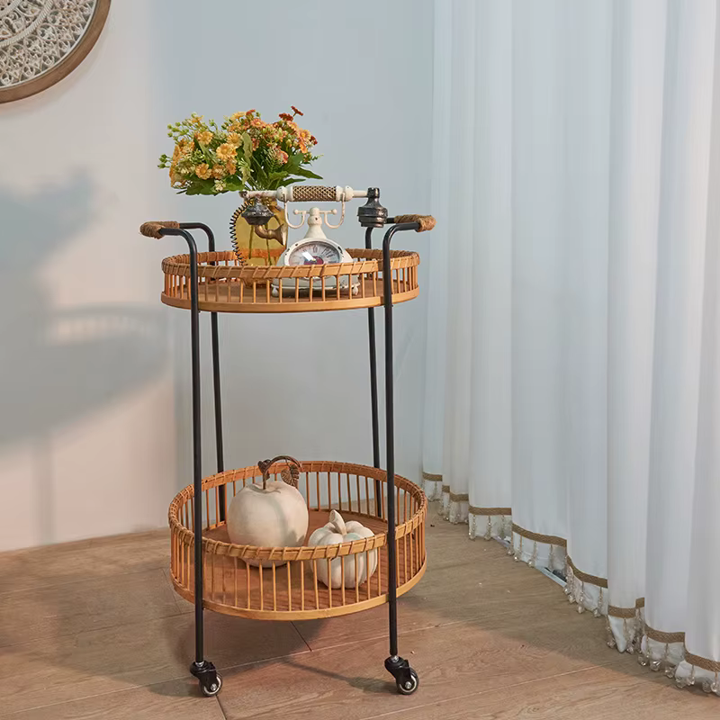 Panier de fleurs artistique en rotin, étagère, plateau de service en bambou avec roulettes, décoration intérieure et extérieure, Table d'appoint de balcon