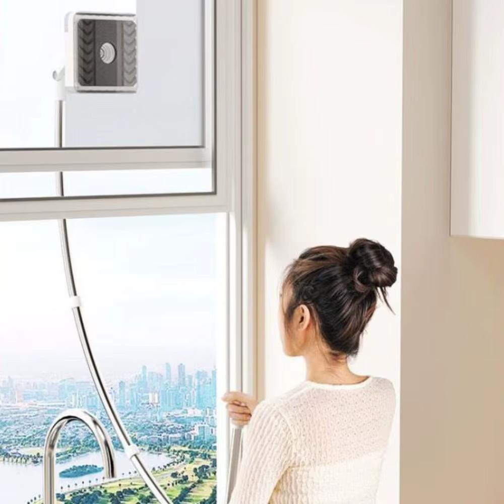 Outil de nettoyage de fenêtres en acier inoxydable et PP, gris, extensible, pour nettoyeur de vitres en hauteur, tige en arc flexible