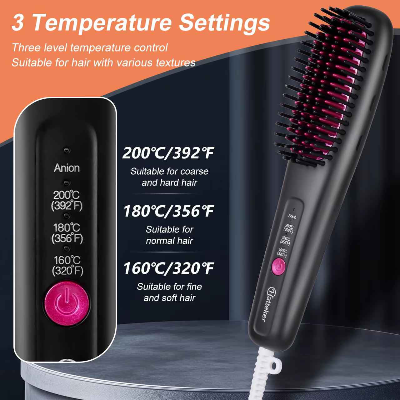 Brosse à lisser les cheveux, lisseur Portable à ions négatifs pour la maison, avec réglages multi-chaleur, style en céramique à 3 températures sans dommages