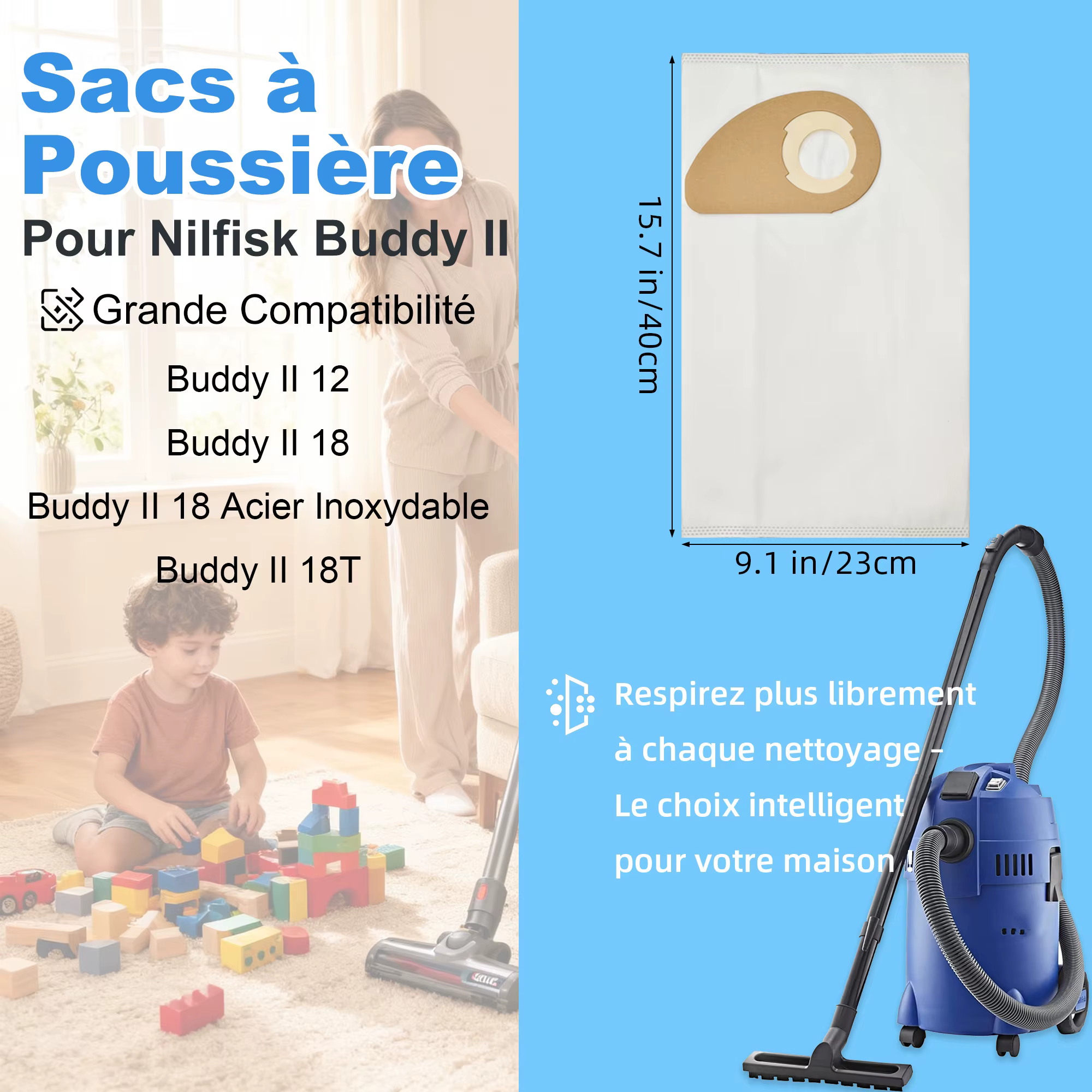 Sacs d'aspirateur pour Nilfisk Buddy II 12/18/12L/18L INOX