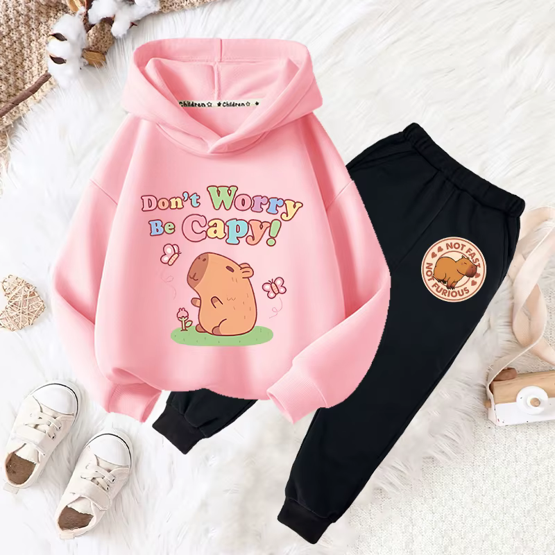 Capybara boisson bulle thé amusant imprimé filles ensemble de mode enfants automne et hiver décontracté confortable sweat à capuche chaud + pantalon ensemble deux pièces