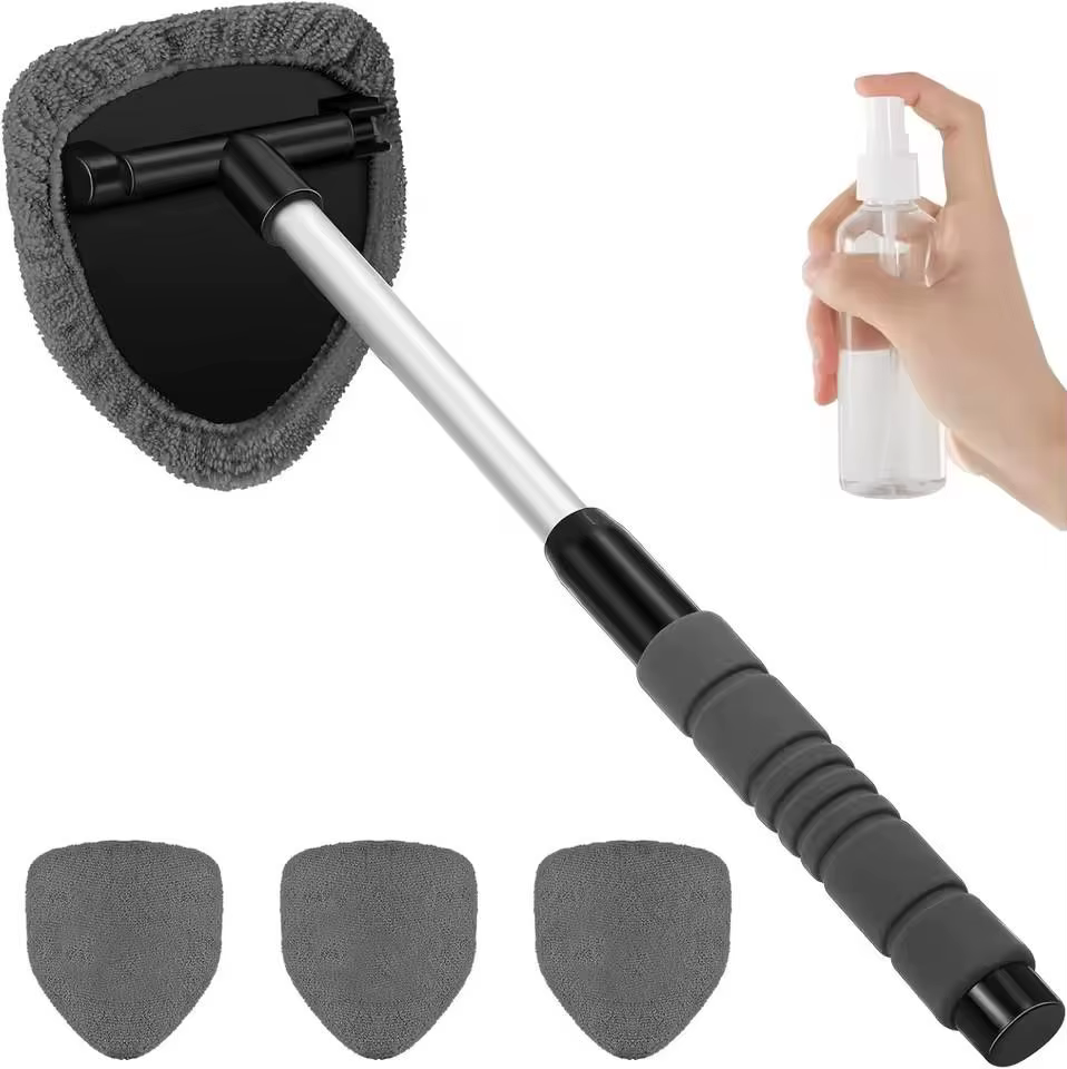 Brosse de nettoyage de vitres de voiture avec 3 couvercles en microfibre + bouteille de pulvérisation