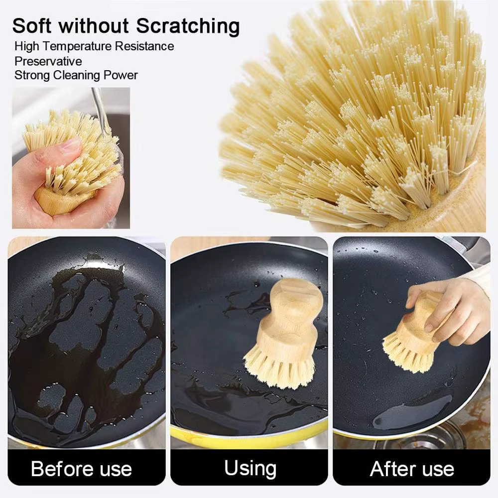 Leeseph Brosses à récurer la vaisselle en bambou, épurateurs de nettoyage en bois de cuisine pour laver la casserole/casserole en fonte, poils en sisal naturel