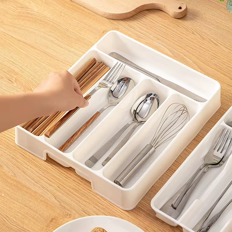 Organisateur de tiroir de cuisine, boîte de rangement à diviseur réglable pour ustensiles, couverts, couteau, fourchette cuillère baguettes armoire plateau intégré