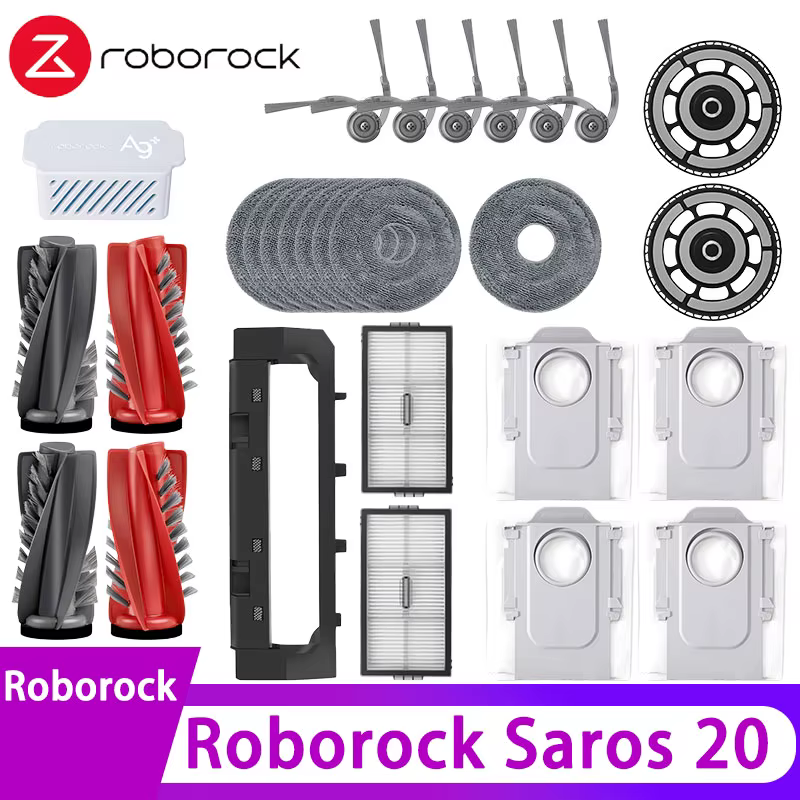 Accessoires pour aspirateur robot Roborock Saros 20 : brosse principale, brosse latérale, filtre HEPA, chiffons de nettoyage, sacs à poussière, accessoires de remplacement
