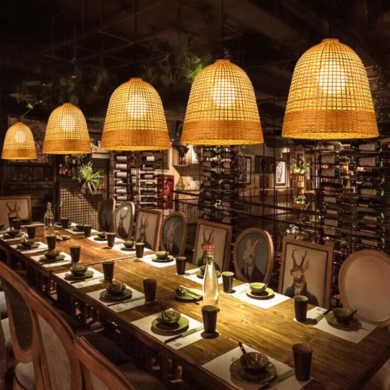 Plafonnier LED Rond en Rotin Tissé à la Main de 40cm, Éclairage Suspendu en Bambou, Vintage, pour Restaurant, 73Art