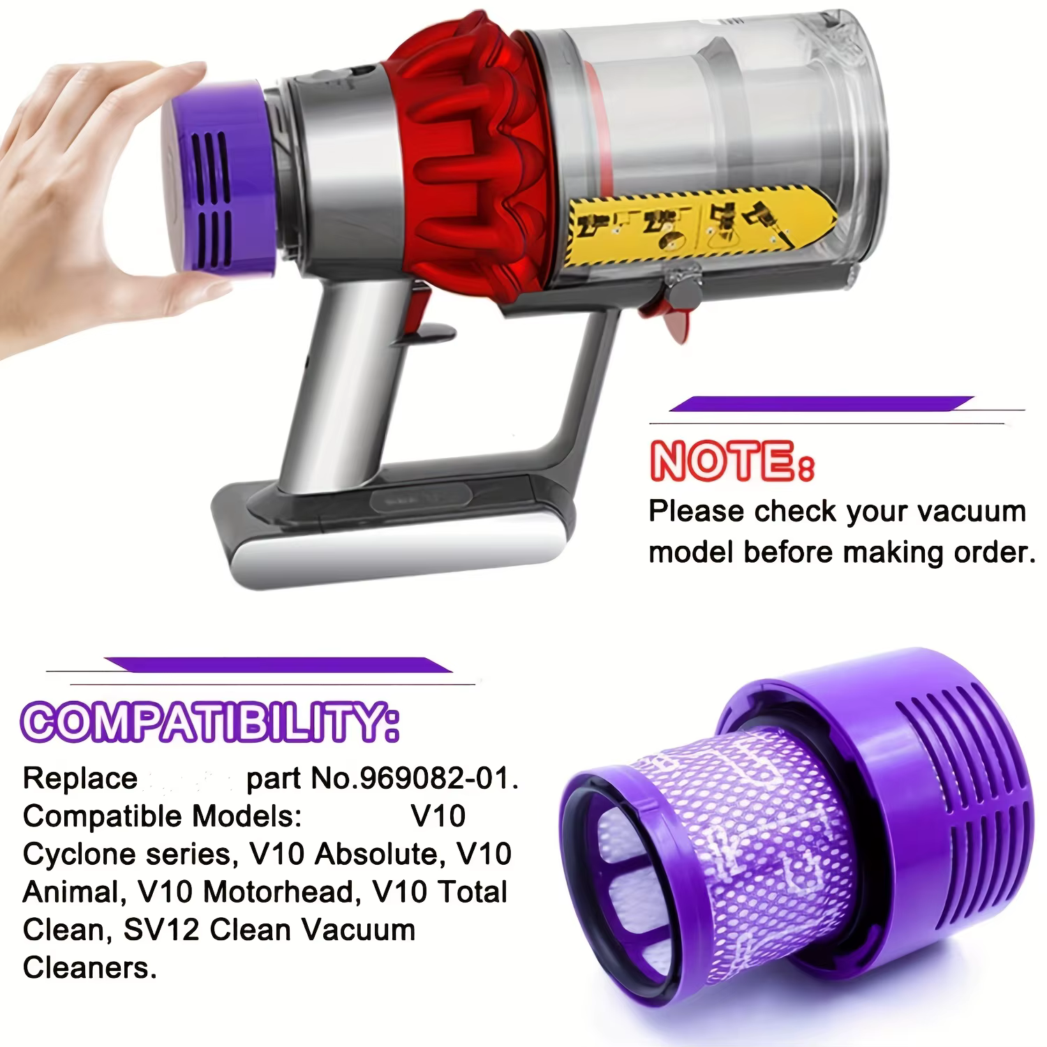 Grande unité de filtre lavable pour aspirateur sans fil Dyson V10 (SV12) Cyclone Animal Absolute Total Clean
