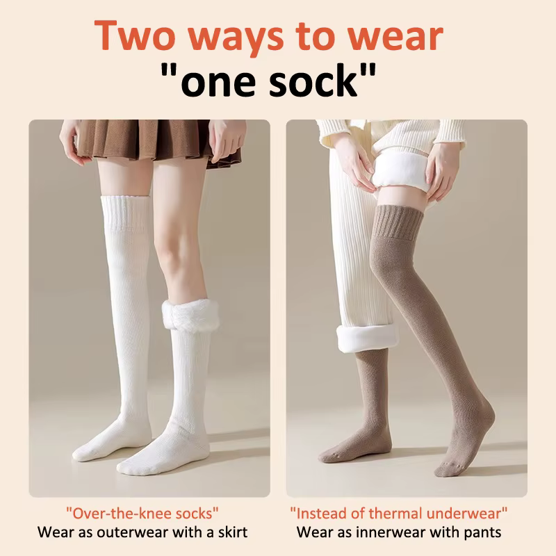 Chaussettes hautes d'hiver pour femmes, doublées de polaire, chaudes au-dessus du genou, chaussettes longues antidérapantes, bas Jk