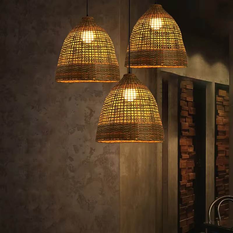 Plafonnier LED Rond en Rotin Tissé à la Main de 40cm, Éclairage Suspendu en Bambou, Vintage, pour Restaurant, 73Art