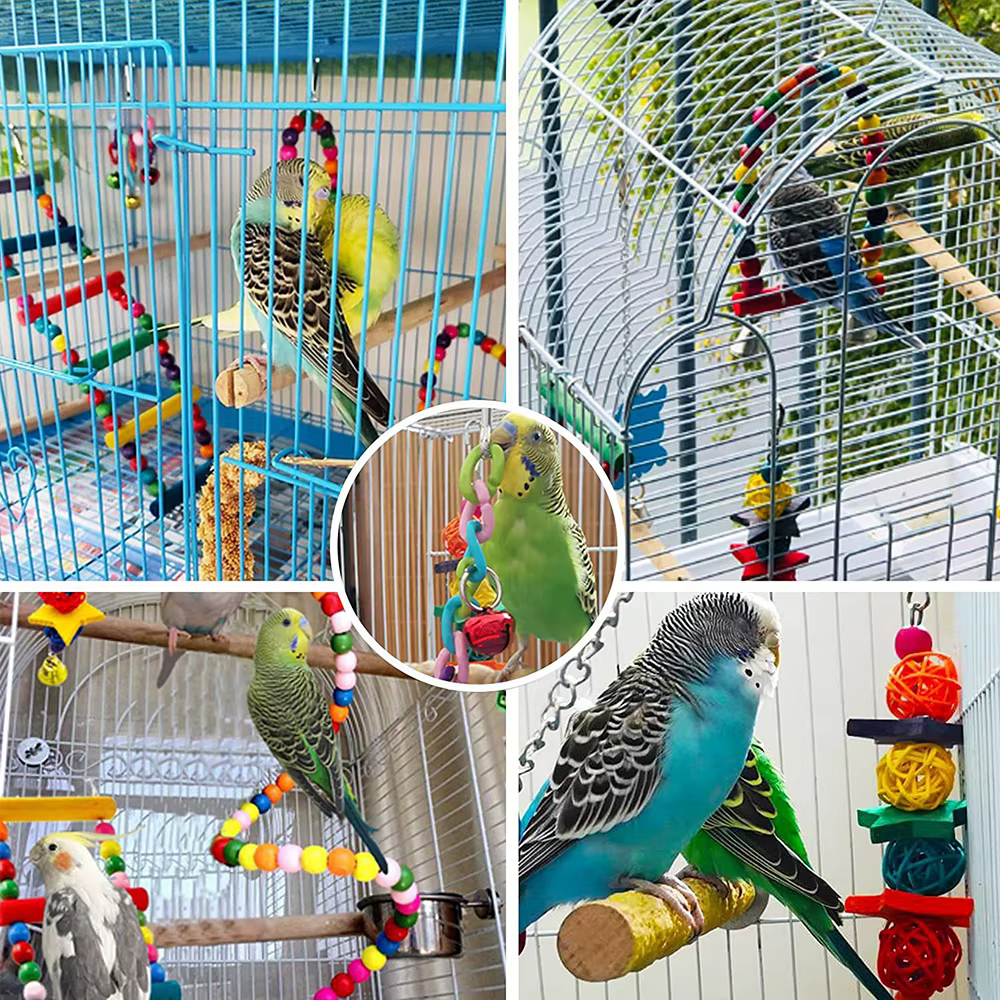 Jouet pour perroquets, 7 pièces, accessoires pour Cage à oiseaux, miroir d'escalier, cloche pivotante, jouet pour oiseaux