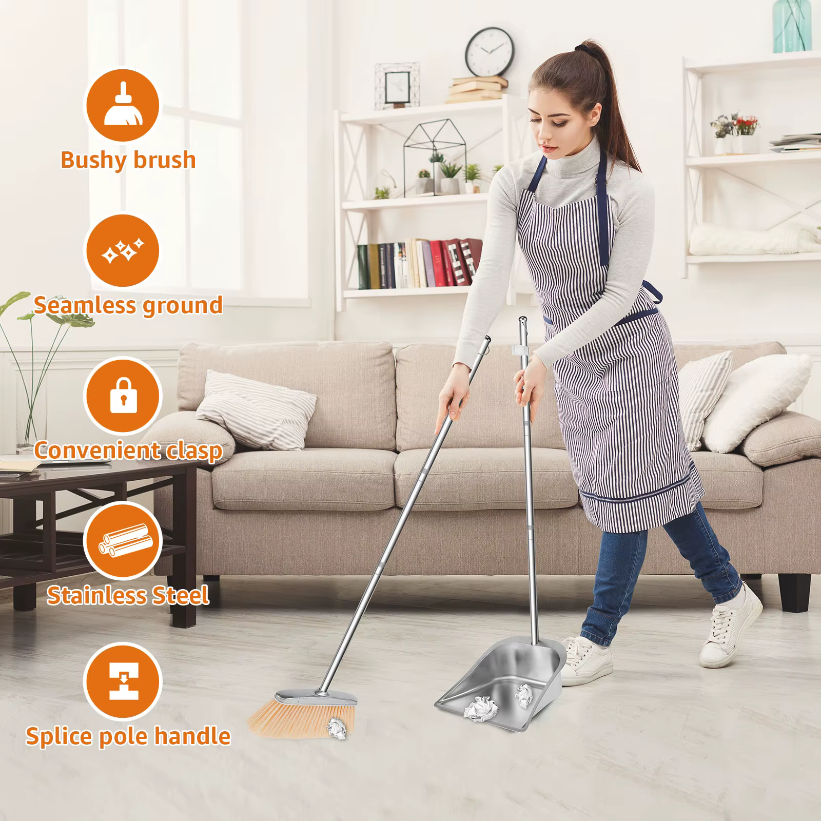 Ensemble balai et pelle à poussière en acier inoxydable
