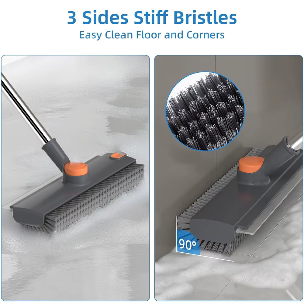 Brosse de nettoyage avec manche long de 52 pouces, balai-essuie-glace 3-en-1 pour sol de douche, brosse-essuie-glace pour le nettoyage des coins de salle de bain