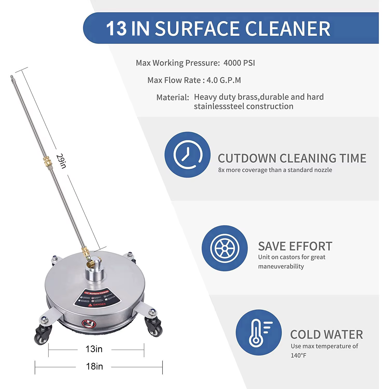 Nettoyeur de surface haute pression 4000 PSI 13 pouces pour allée, trottoir, patio, en acier inoxydable, compatible Karcher, connecteur rapide 1/4 pouce