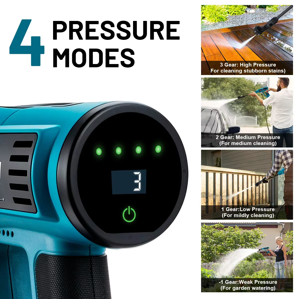 Pistolet de lavage haute pression électrique sans balais Gisam 250 bars, 4 vitesses, pour le lavage domestique et automobile, compatible avec batterie Makita 18V