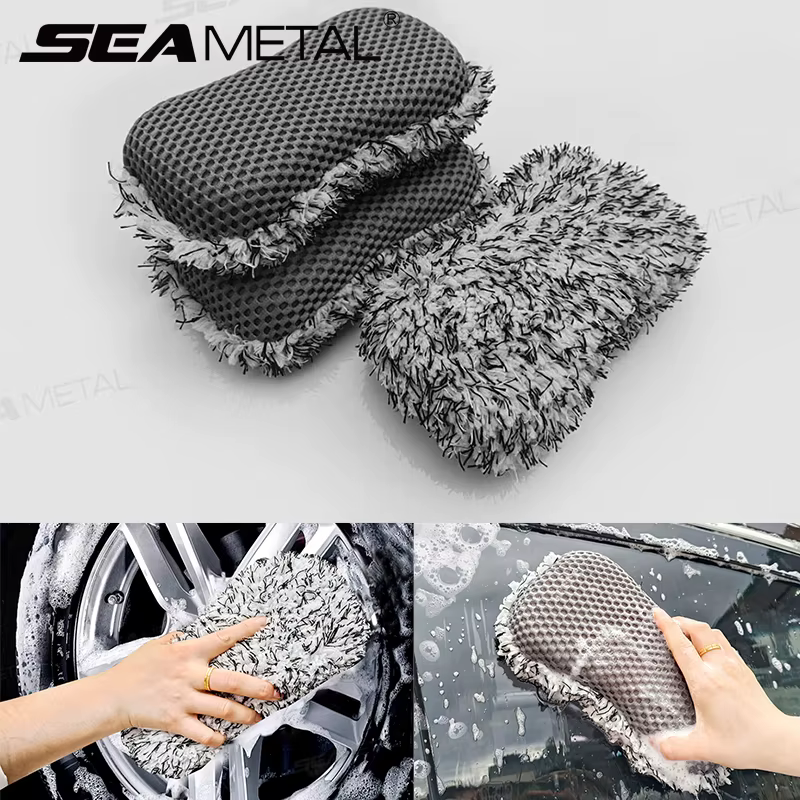 SEAMETAL éponge de lavage de voiture en microfibre filet de Massage en peluche double face brosse de nettoyage de roue