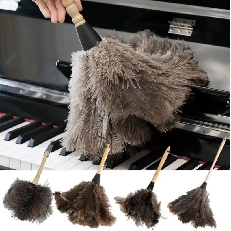 Plumeau à manche en bois, anti-statique, pour le dépoussiérage, plumeau en plumes d'autruche, brosse en fourrure pour le nettoyage de la maison