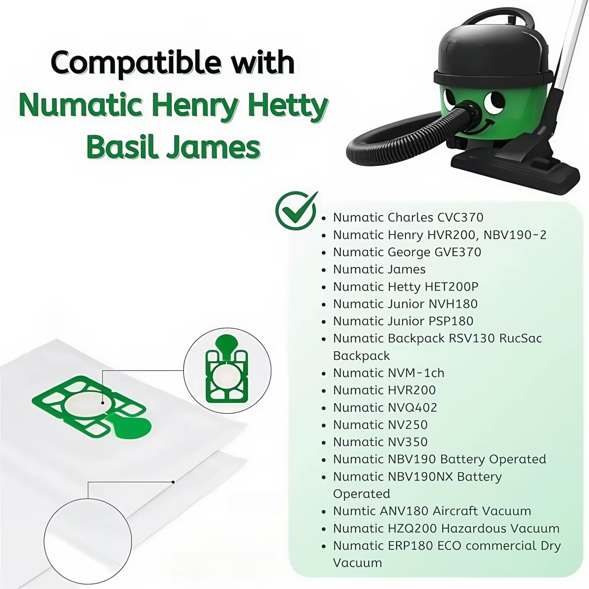 Sacs d'aspirateur compatibles pour Numatic Henry Micro Hetty HET200A Harry HHR200A
