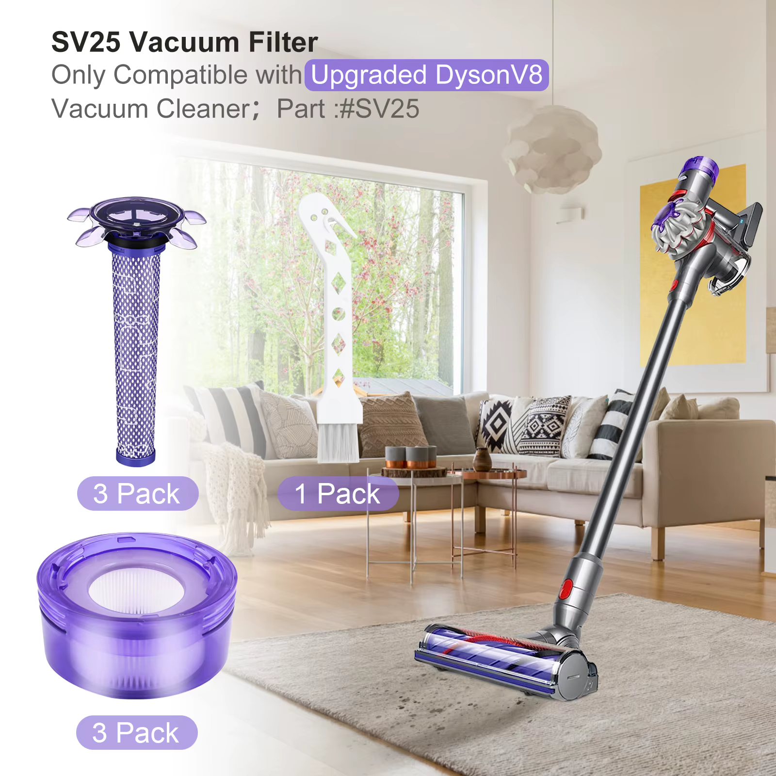 3 pré-filtres + 3 post-filtres HEPA + 1 brosse pour aspirateur Dyson V8 V7