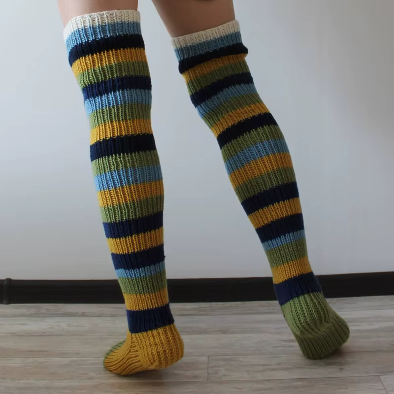Chaussettes hautes vintage pour femmes, jambières souples, chaussettes au-dessus du genou, bas longs, bonneterie, rayures colorées, hiver