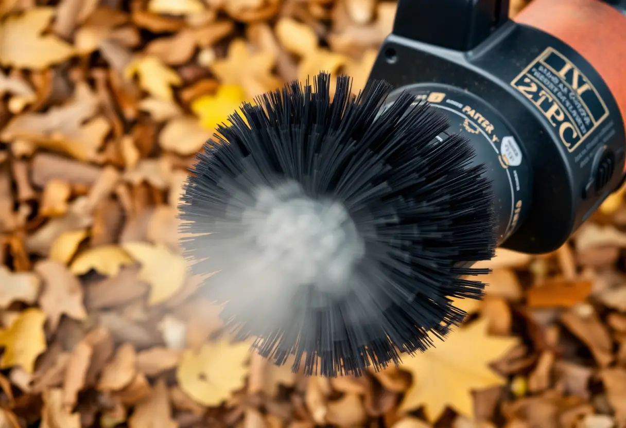 Un plan focalisé sur une brosse tournante d'un aspirateur à feuilles, soulignant ses poils en mouvement