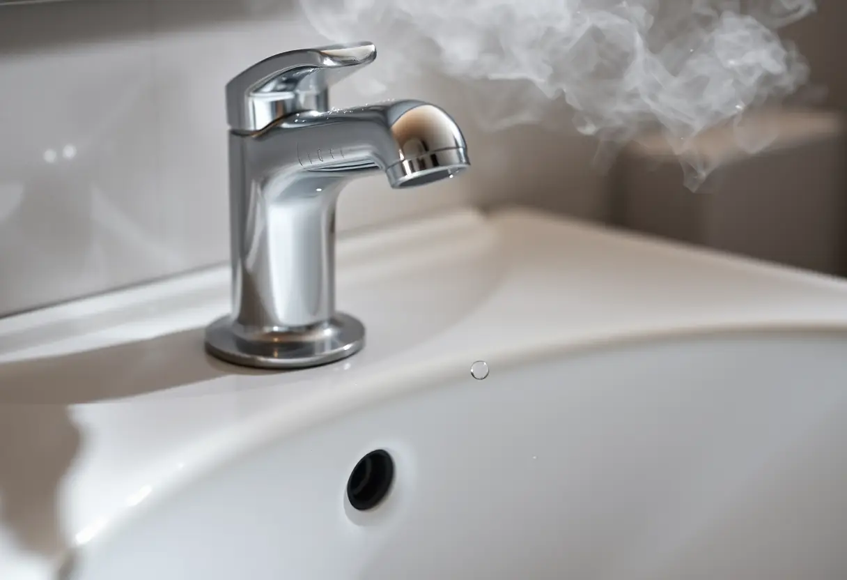 Lavabo de salle de bains entouré de vapeur pour la désinfection