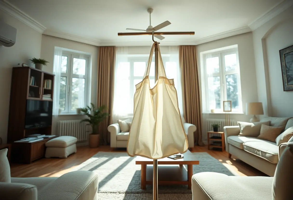 Vue d'ensemble d'un salon bien rangé avec un sac à aspirateur blanc accroché à une patère.